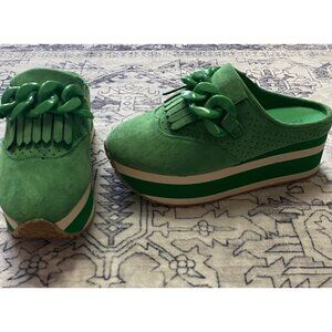 Pierre Dumas Green Faux Suede Platform Loafers Womens Size 6 Chain Paloma Mules